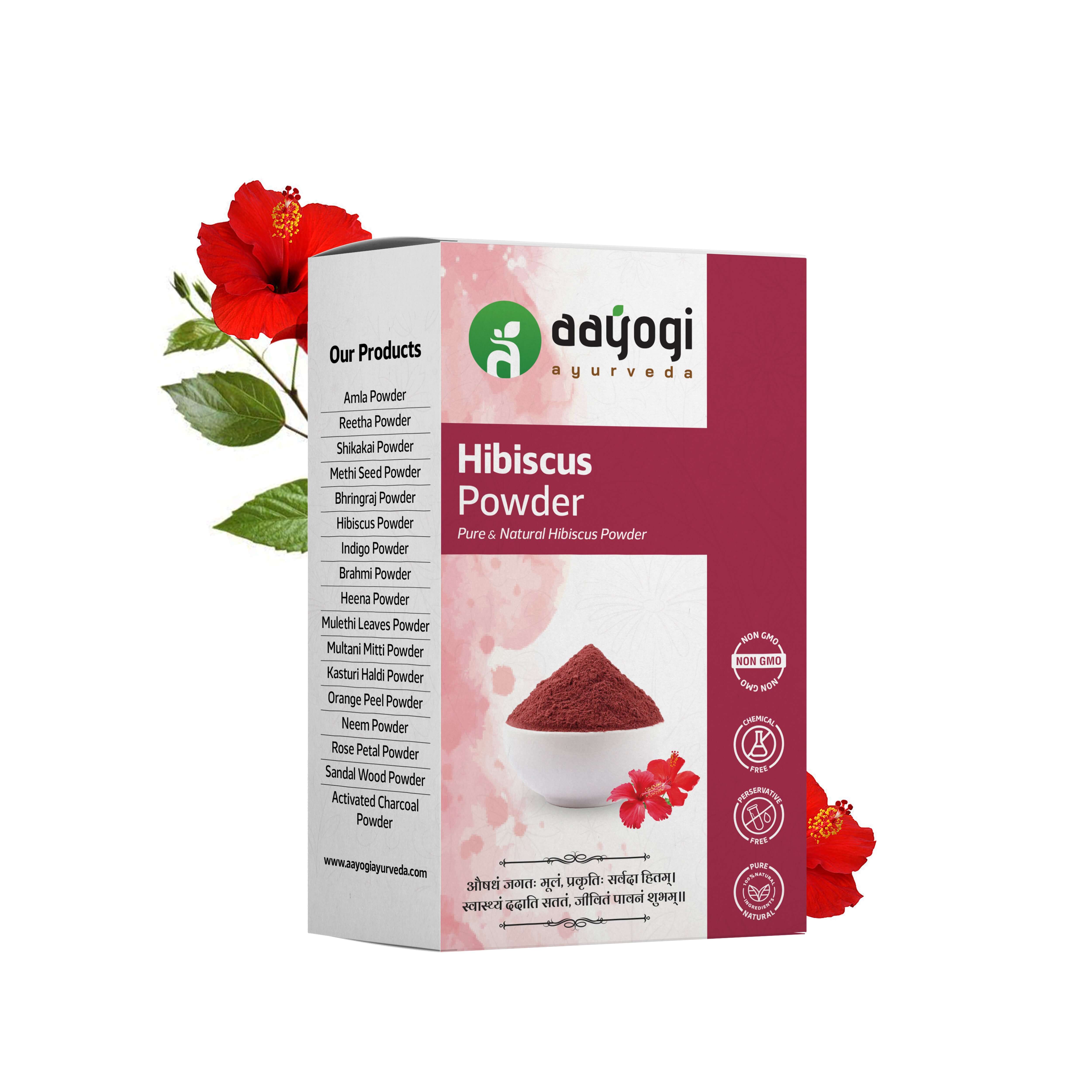 Box of hibiscus powder for lustrous hair and skin care by aayogi, featuring vibrant red flowers and leaves.